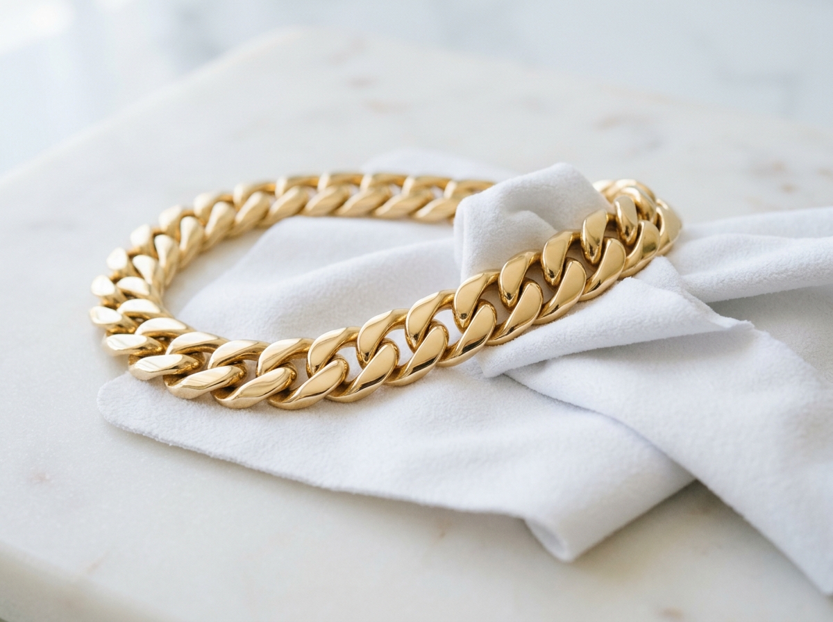 Wiping a gold chain with a microfiber cloth