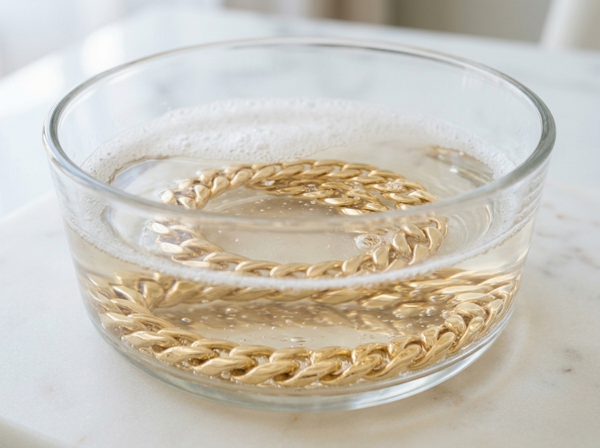 Gold chain soaking in warm soapy water